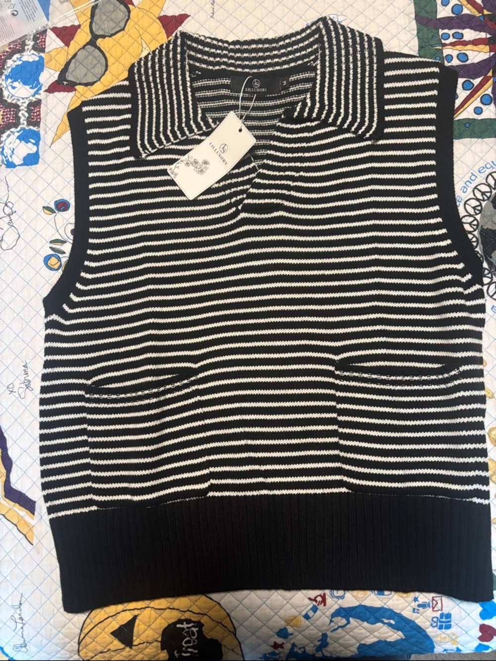 Striped Knit Sleeveless Polo Vest - Black & White